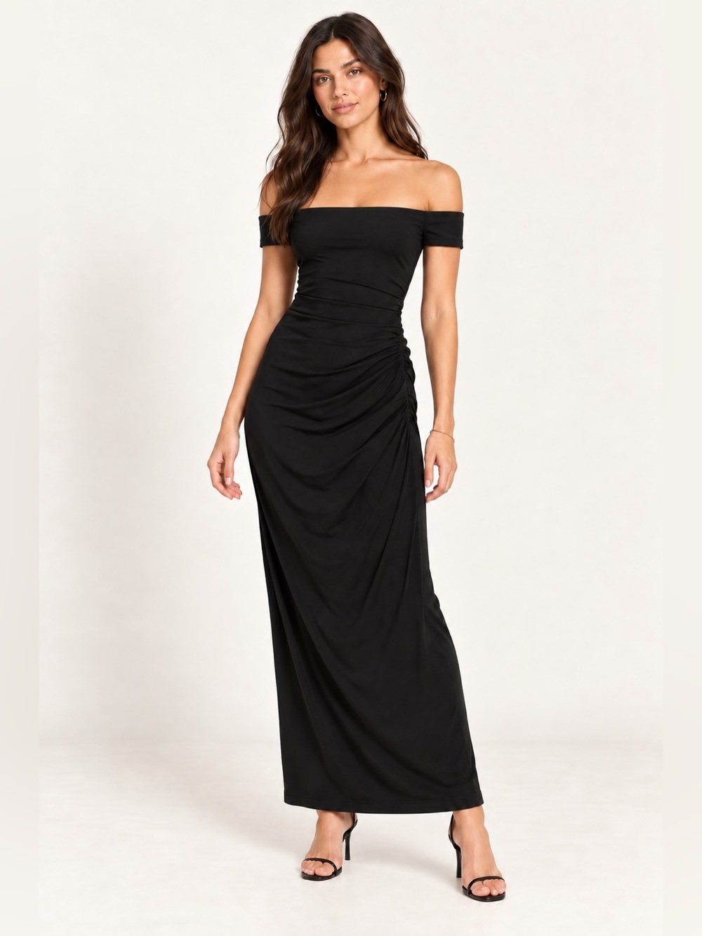 ZARA Black Off Shoulder Ruched Draped Maxi Dress Wedding Guest M NWT